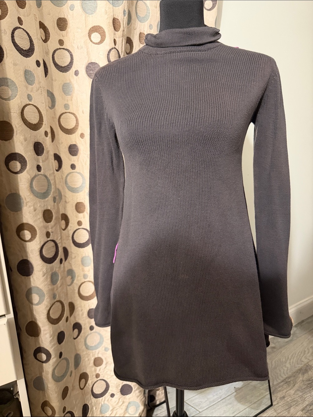 Classic Gray Ribbed Turtleneck Long Sleeve Dress